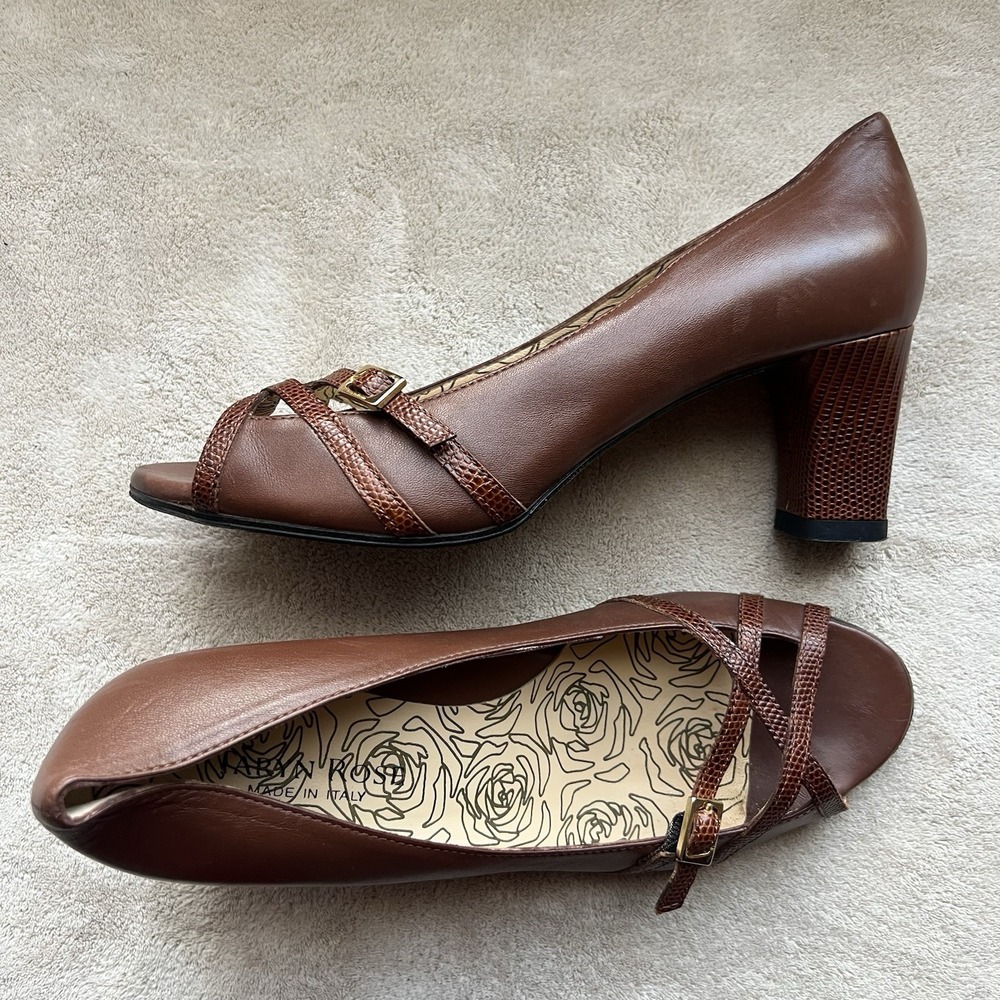 Taryn Rose Brown‎ Leather Criss Cross Straps Block Heel Pump Women EU 36.5 US 6
